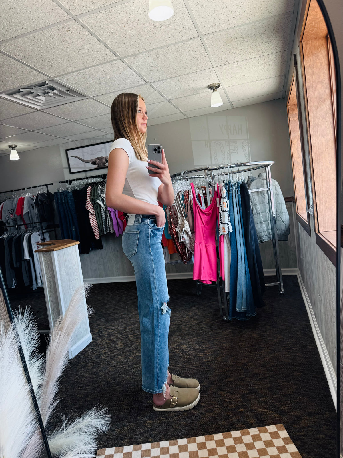 High rise stretch destroyed hem Jean