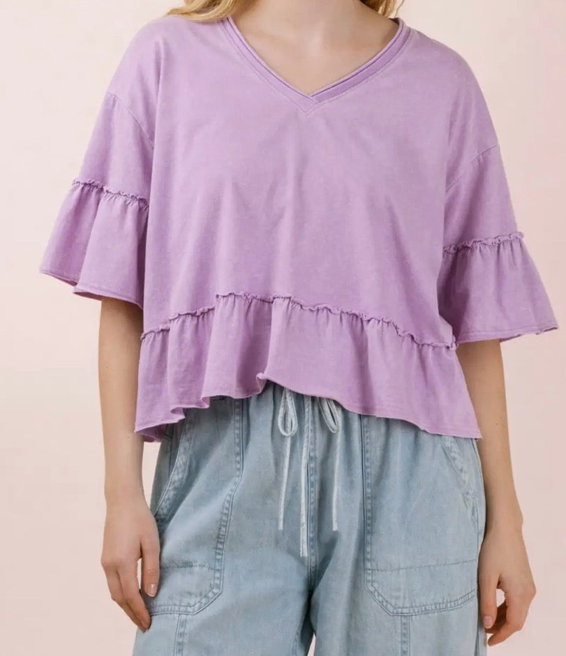 Lavender mineral wash ruffle top