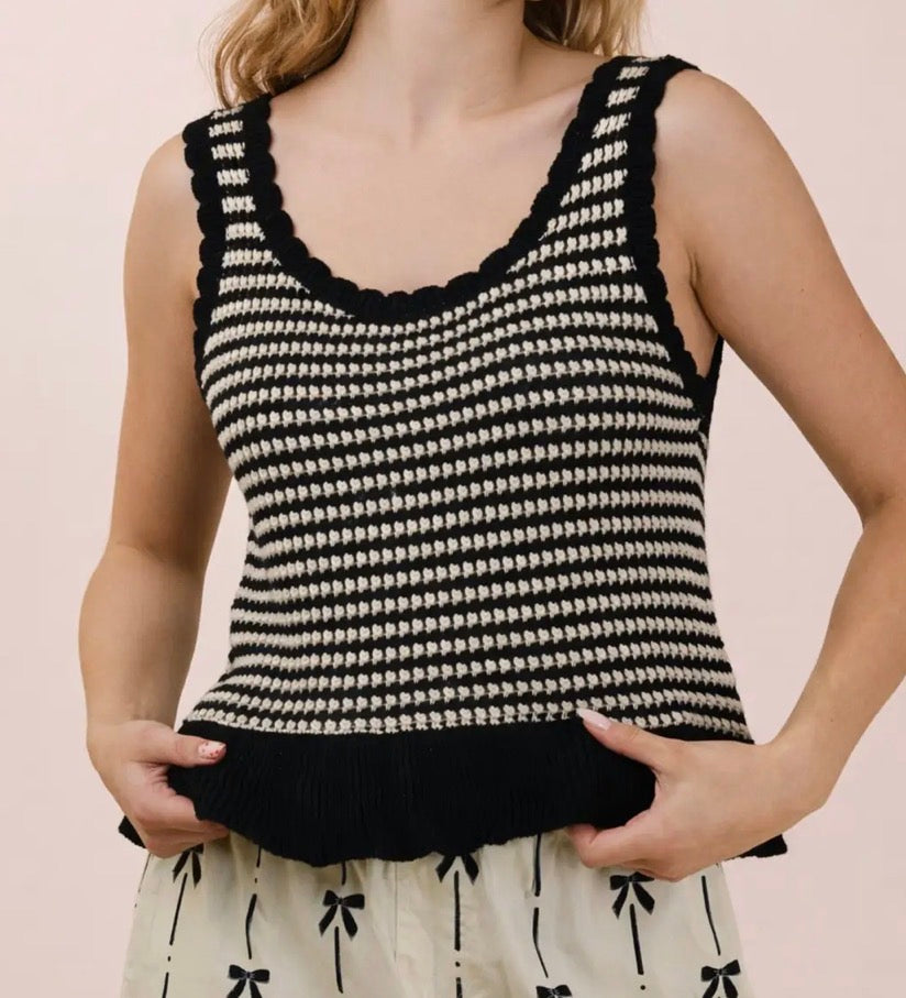 Black and white ruffle knit tank