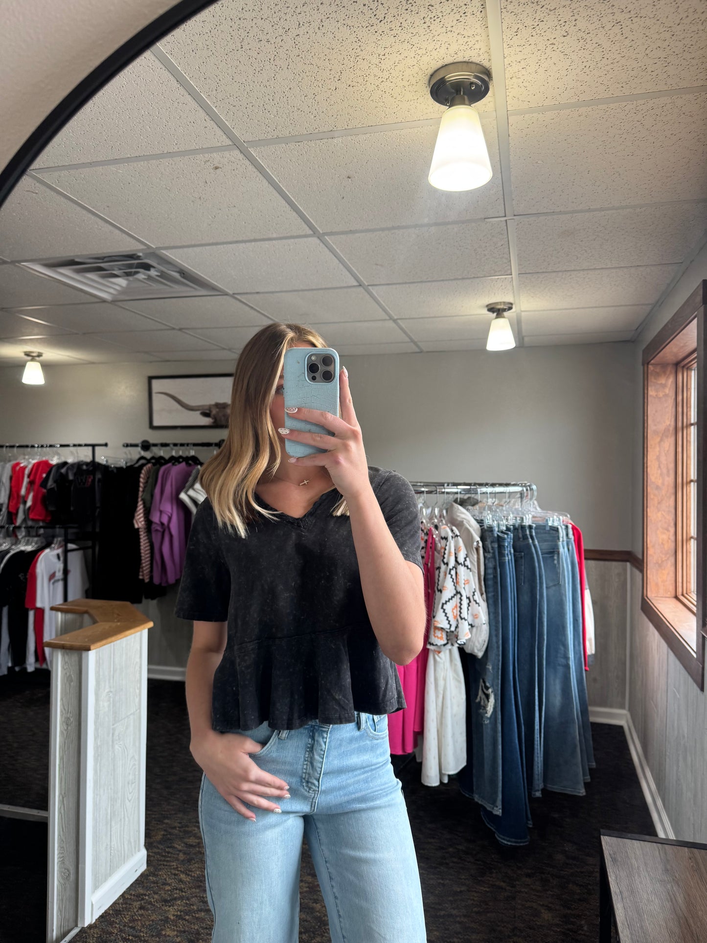 Black V Neck- Lace Trim