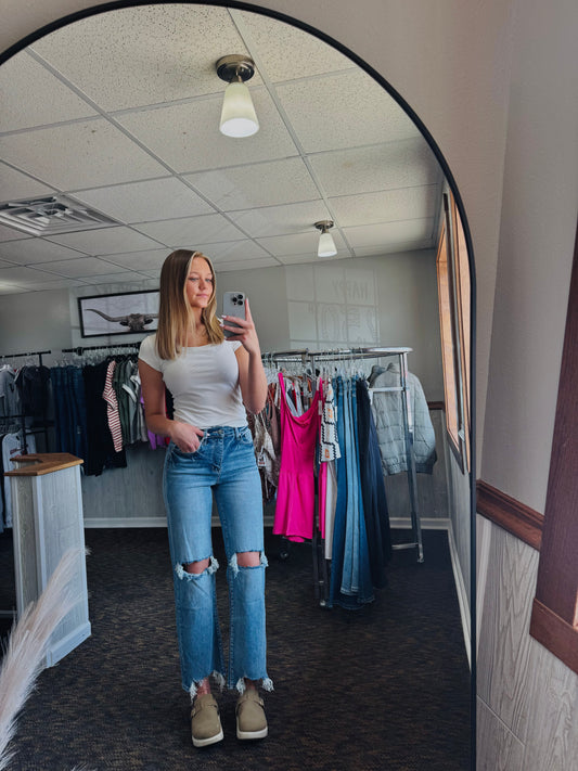 High rise stretch destroyed hem Jean