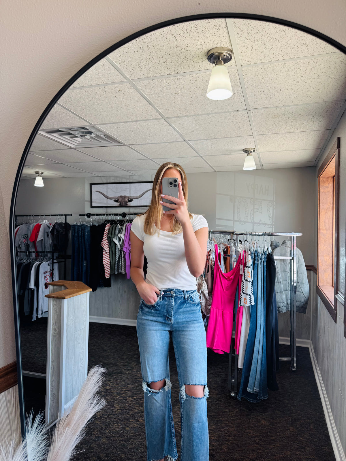 High rise stretch destroyed hem Jean